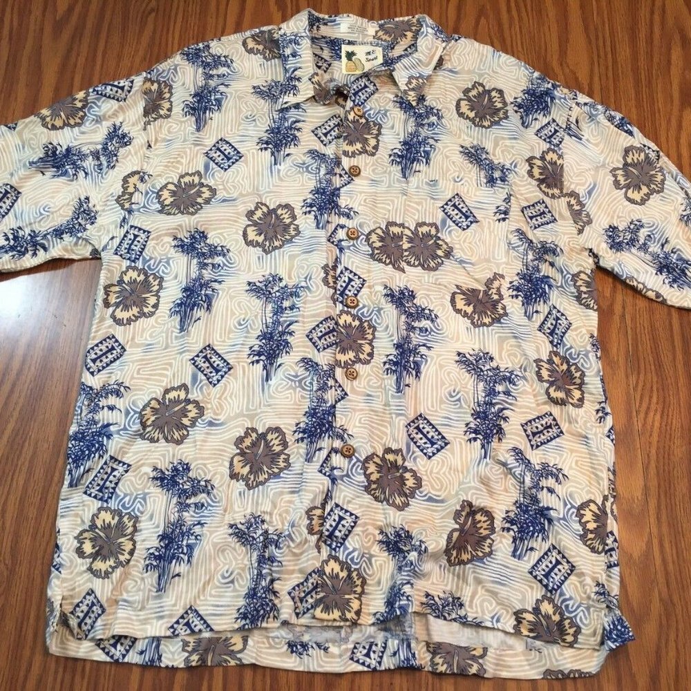 Vintage 90s M.E. Sport Shirt Mens XXL Blue Tan Hawaiian Aloha Floral Coastal Y2K